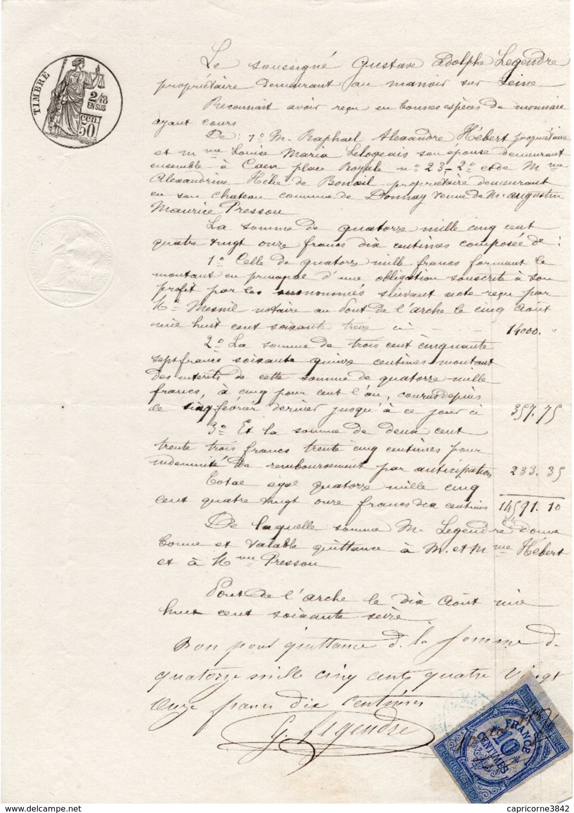 1876 - Bon Pour Quittance - Timbre 50c Et 2/10 + à Sec "Enregistrement, Timbre Et Domaine" + Timbre Fiscal Type "chiffre - Andere & Zonder Classificatie