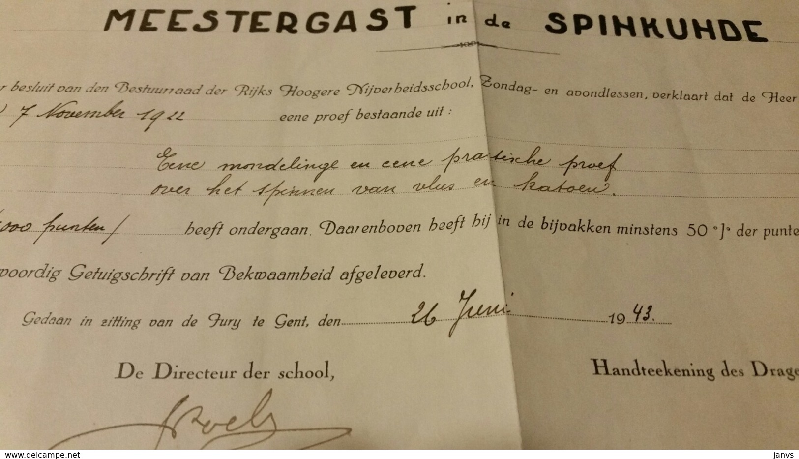 Getuigschrift Van Bekwaamheid Als Meestergast In De Spinkunde - 26.06.1943 Gent - Diplômes & Bulletins Scolaires