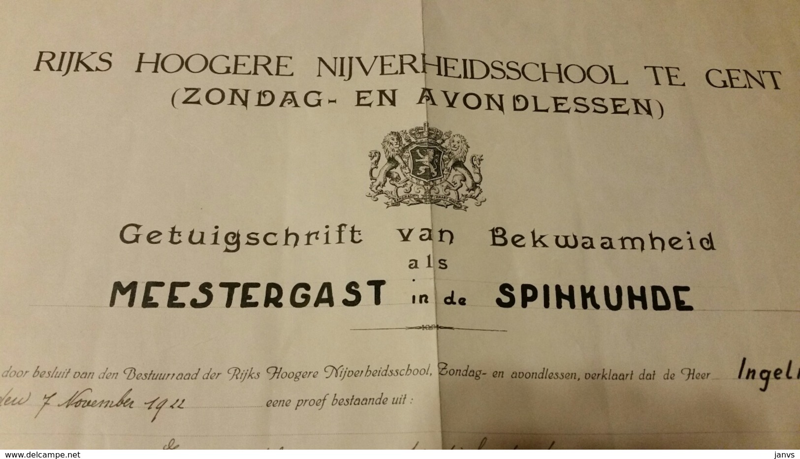 Getuigschrift Van Bekwaamheid Als Meestergast In De Spinkunde - 26.06.1943 Gent - Diplômes & Bulletins Scolaires