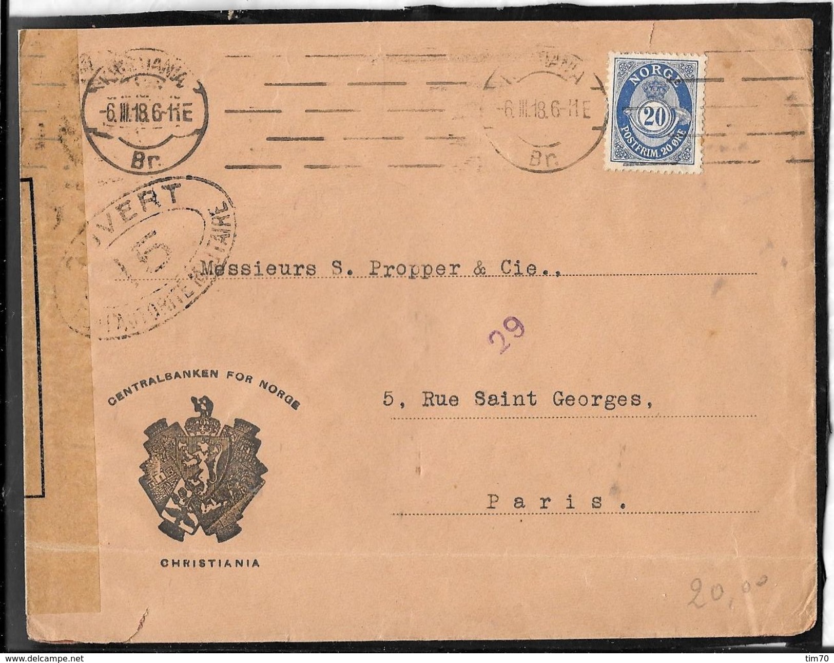 LETTRE  CHRITIANA  NORVEGE   POUR  PARIS CENSURE - Covers & Documents