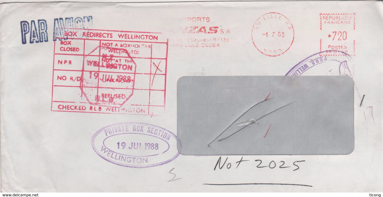 LETTRE LILLE FRANCE WELLINGTON NOUVELLE ZELANDE 1988 - DIFFERENTS CACHETS DE RETOUR - VOIR LE SCANNER - Cartas & Documentos