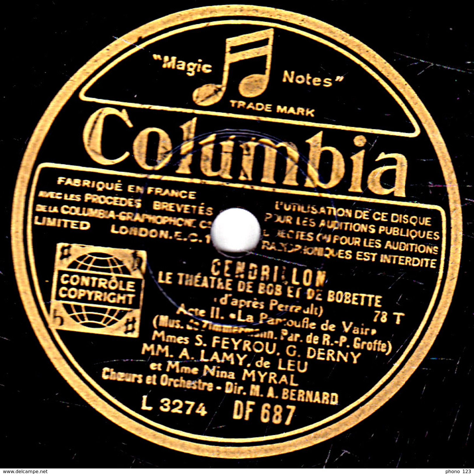 78 T. - 25 Cm - état B -  LE THEATRE DE BOB ET BOBETTE - CENDRILLON - 78 T - Disques Pour Gramophone