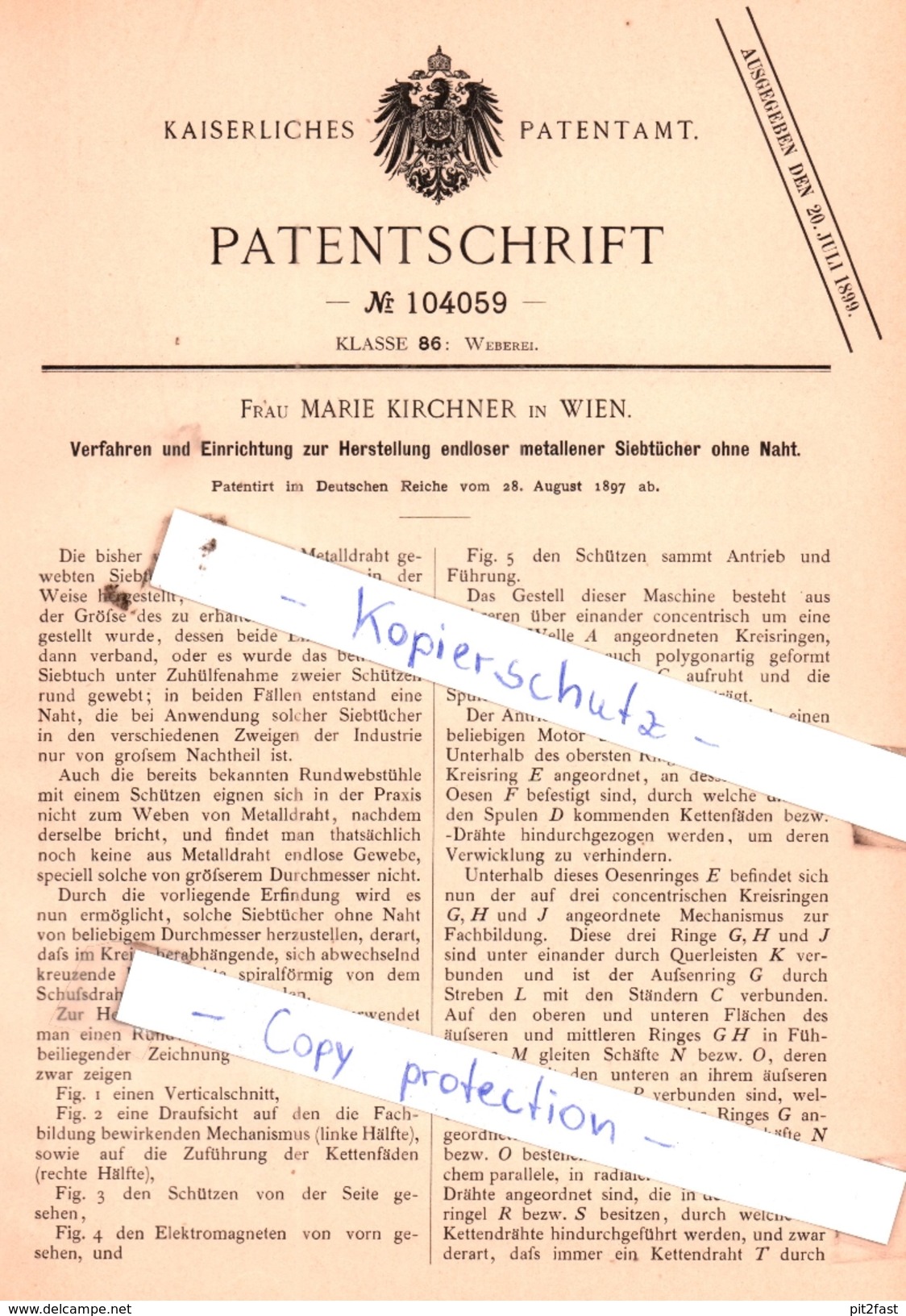 Original Patent - Frau Marie Kirchner In Wien , 1897 , Weberei !!! - Historische Dokumente