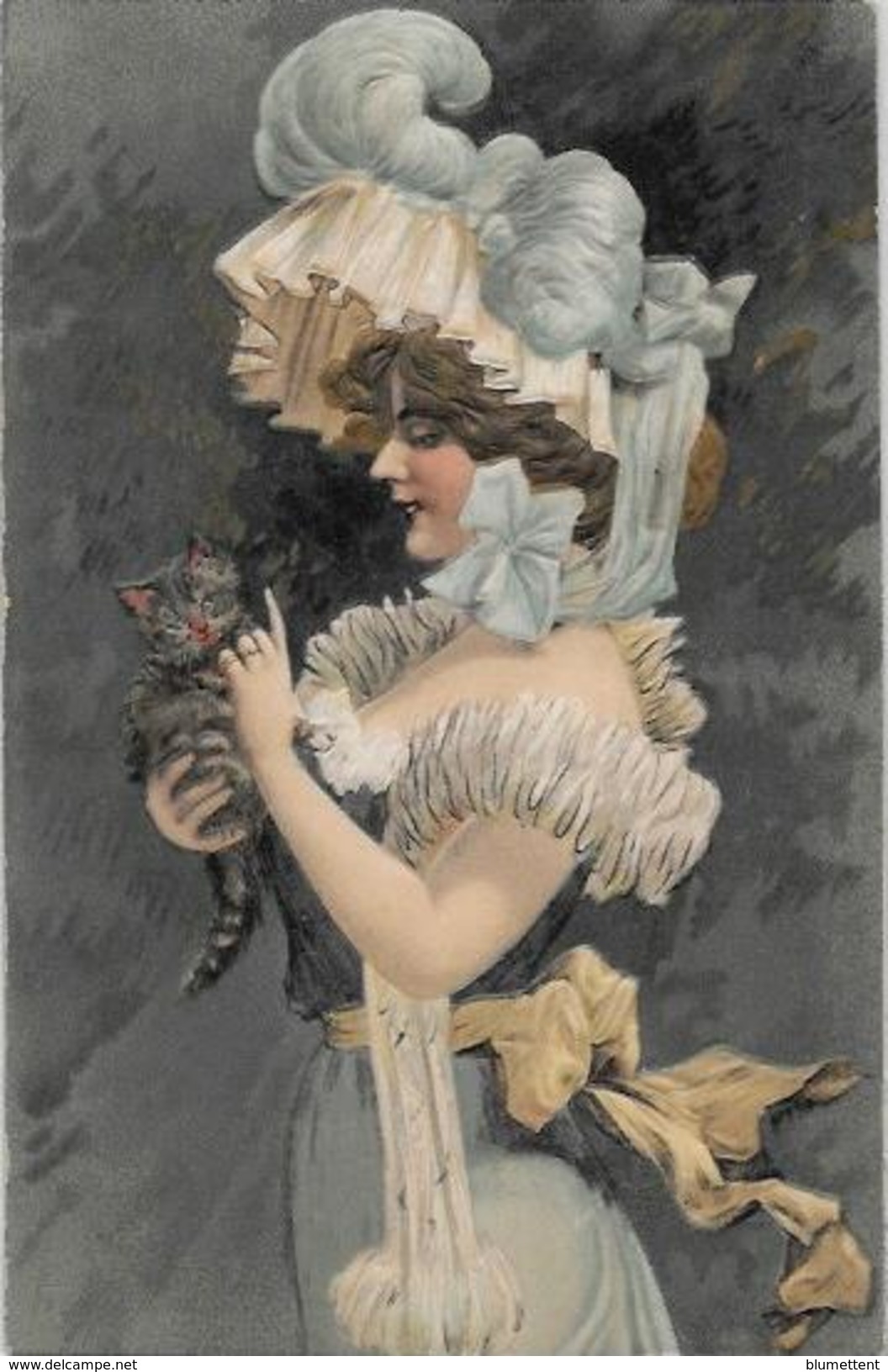 CPA Art Nouveau Femme Girl Woman Non Circulé Gaufré Chat Cat - Autres & Non Classés