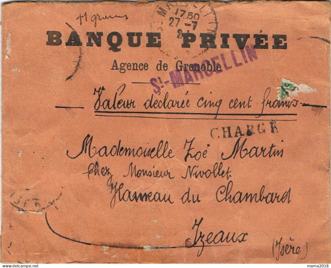 Enveloppe   Banque Privée     St Marcellin  Verso  2 Tampons  Cire  1921 - Cachets Généralité