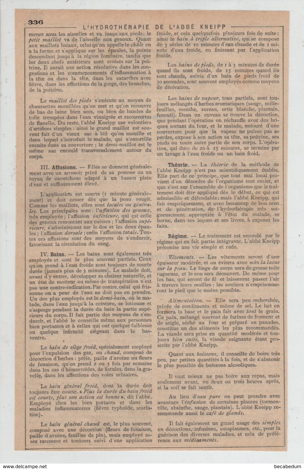 L' Hydrothérapie De L' Abbé Kneipp Deux Feuillets - Non Classificati