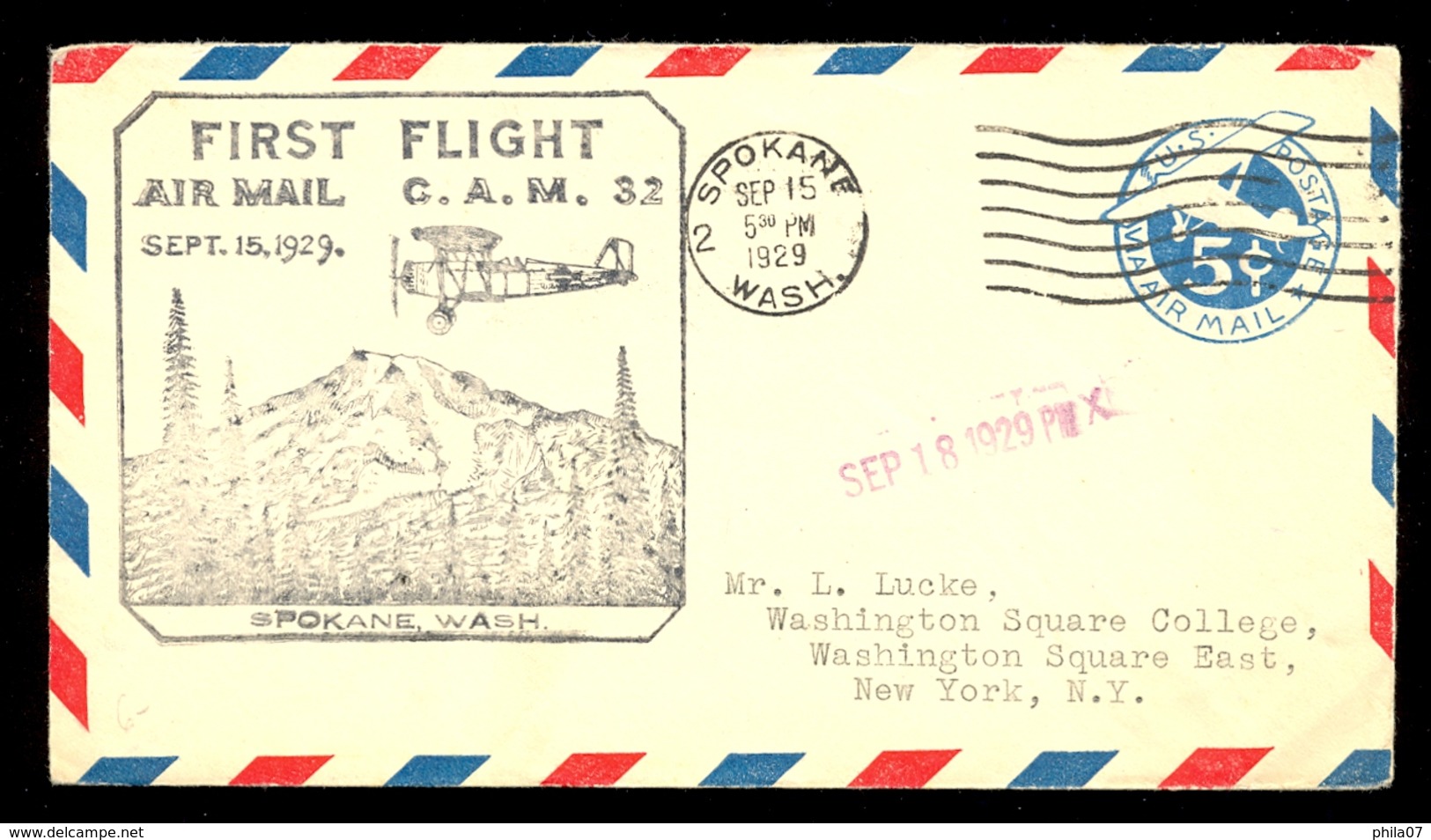 USA - First Flight Cover, Spokane New York 15.09. 1929. / 2 Scans - 1851-1940