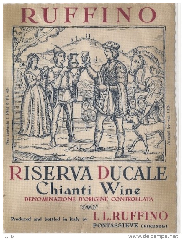 étiquette   -1920/1950 -Ruffino Riserva Ducale Chianti Wine Italy Firenze - (petits Clairs Dos) - Rouges