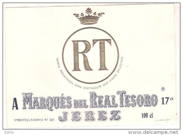 étiquette   -1920/50 - Marques Del Real TESORO JEREZ - Dorure à Chaud - Keizers, Koningen, Koninginnen En Prinsen