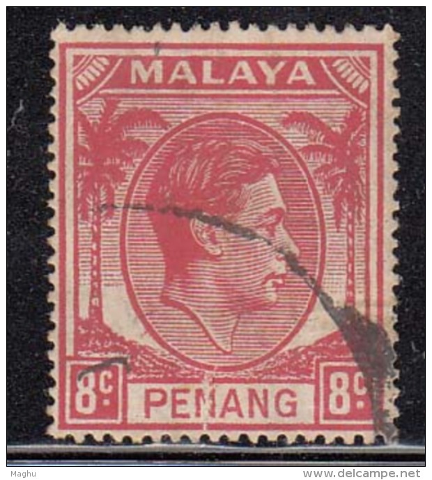 8c Scarlet Used Penang KG VI, 1949 - 1952 Series, Malaya - Penang