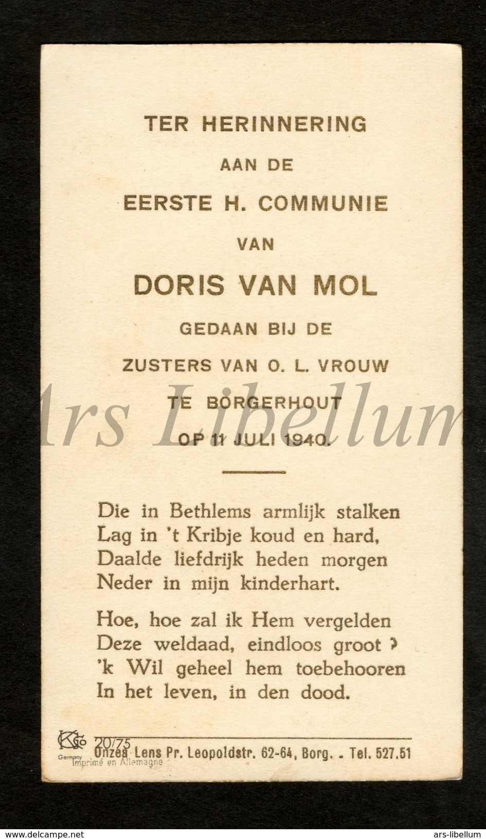 Communieprentje / Communie / Communion / 2 Scans / 1940 / Doris Van Mol / Borgerhout - Communion