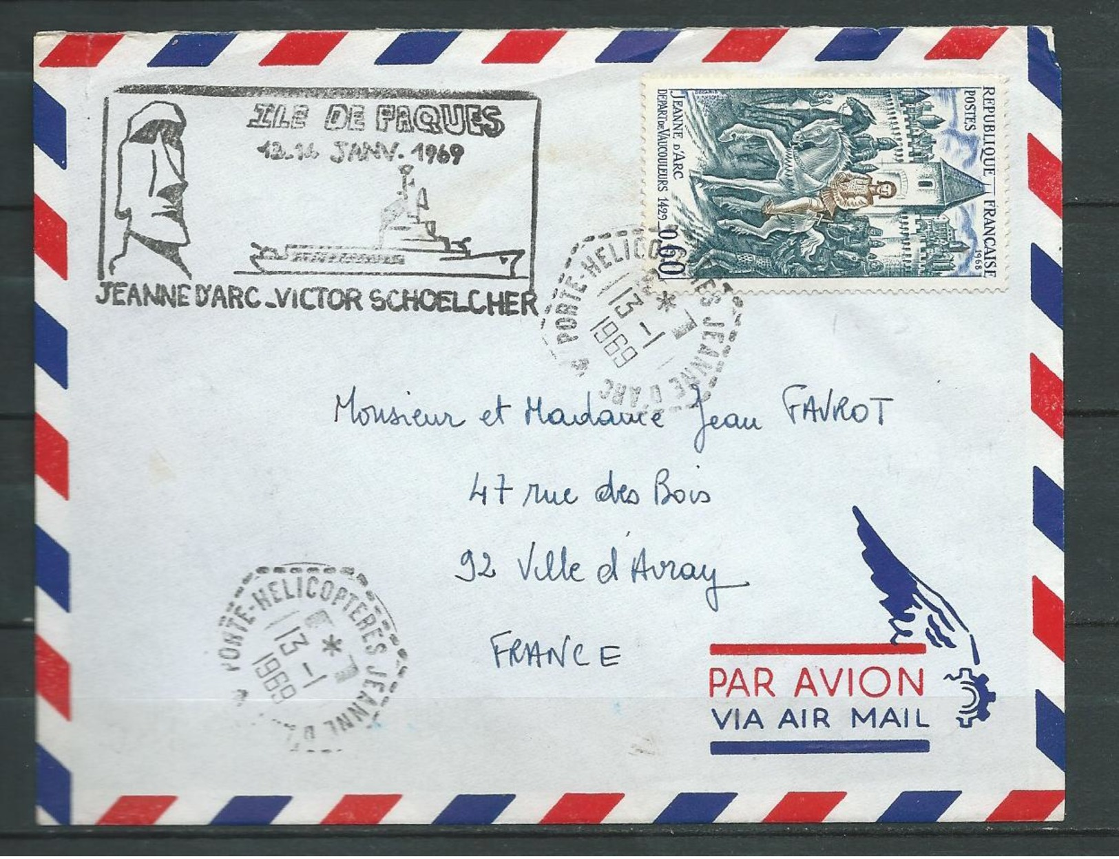 Porte Hélicoptères JEANNE D'ARC Escale à L' Ile De PAQUES Cachet Hexa  JDA  13:01:69 - Poste Navale