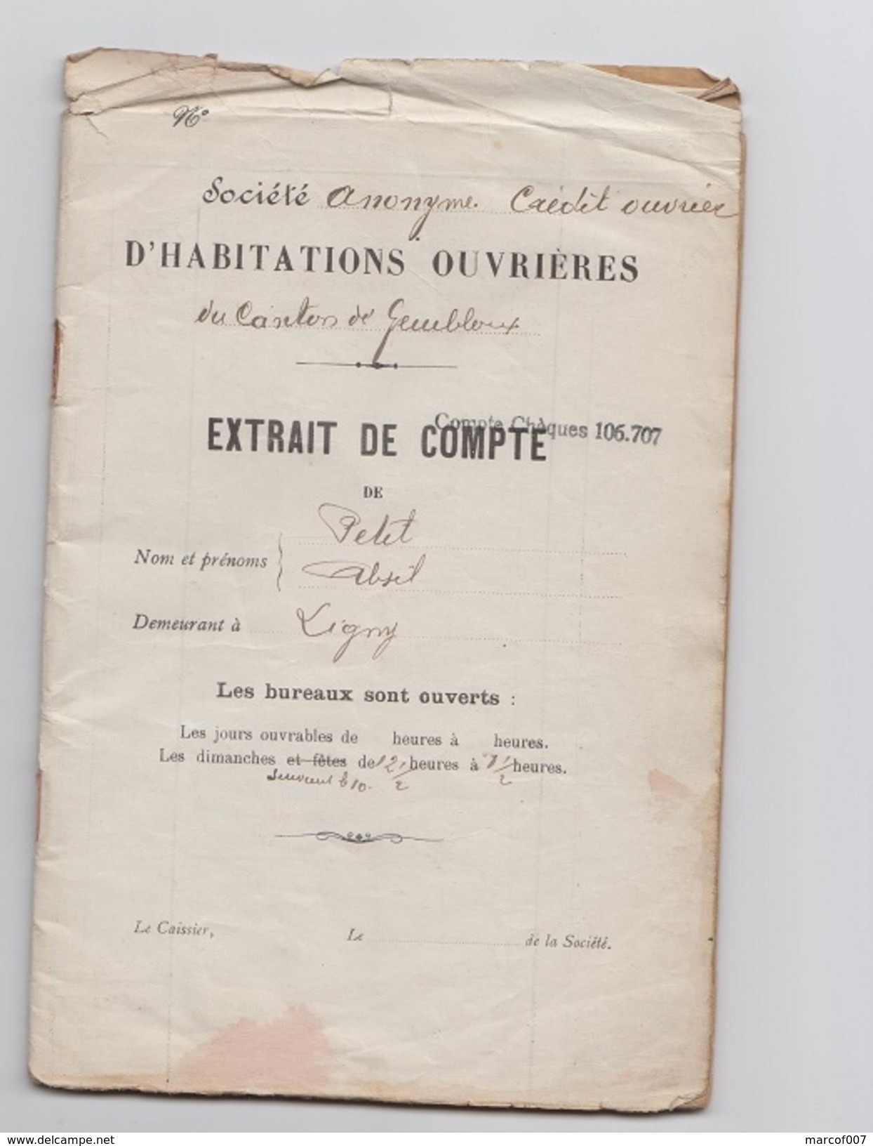 1923 - Societe Anonyme Credit Ouvrier - Extrait De Compte - Mr PETIT - LIGNY - Bank En Verzekering