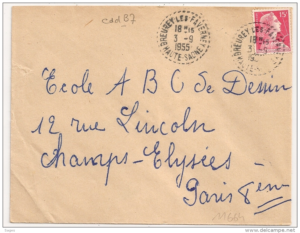 Tireté B7 BREUREY LES FAVERNEY Haute Saone Sur Enveloppe Au Type Muller. 1955. - Cachets Manuels