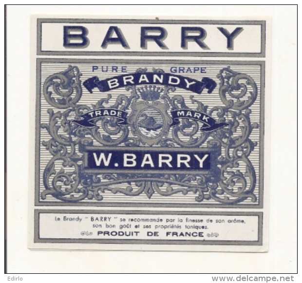 étiquette   - 1890/1930 - BRANDY BARRY -  étiquette  -  Cygne ( Animaux ) - Lions