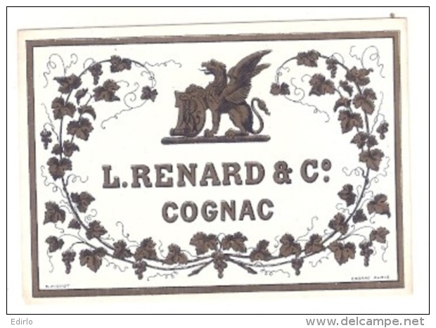 étiquette   - 1890/1930 - COGNAC -  L RENARD Et Cie -  étiquette Pour Flask -  Dragon  Ou ...   ( Animaux ) - Leoni