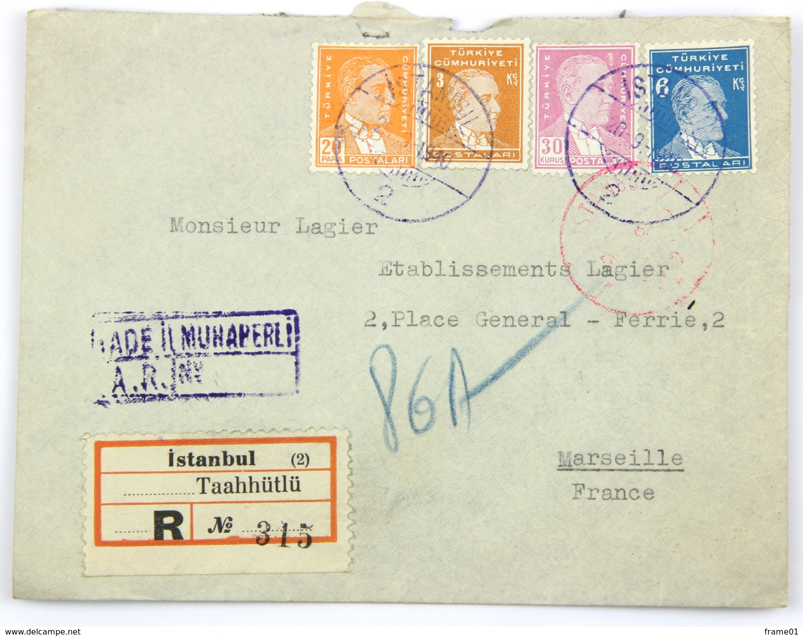 Enveloppe Recommandée AR 1940 Istanbul --> Marseille, Affr. 39 K 20 - Lettres & Documents