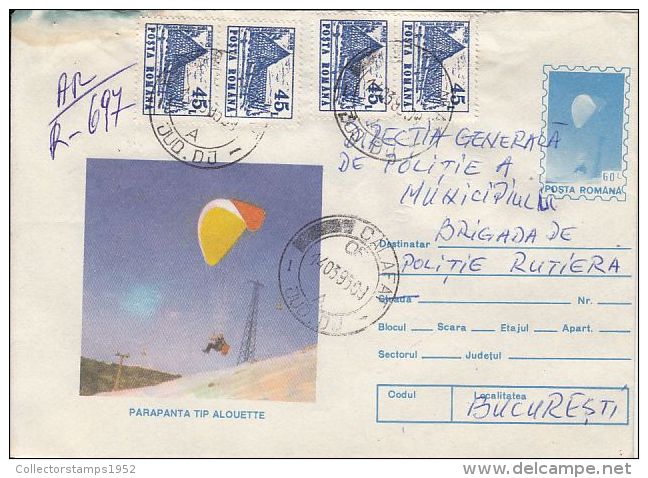 55013- ALOUETTE SKYGLIDER, PARACHUTTING, REGISTERED COVER STATIONERY, 1995, ROMANIA - Fallschirmspringen