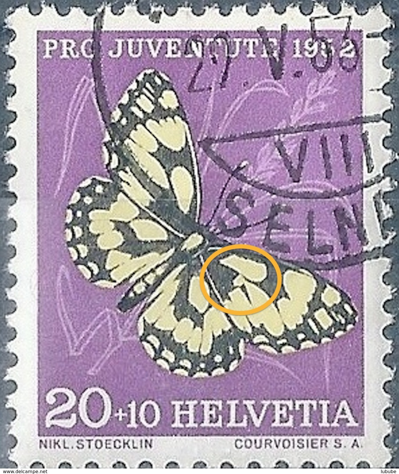 Damenbrett J145, 10 Rp.mehrfarbig  (Abart)              1952 - Oblitérés