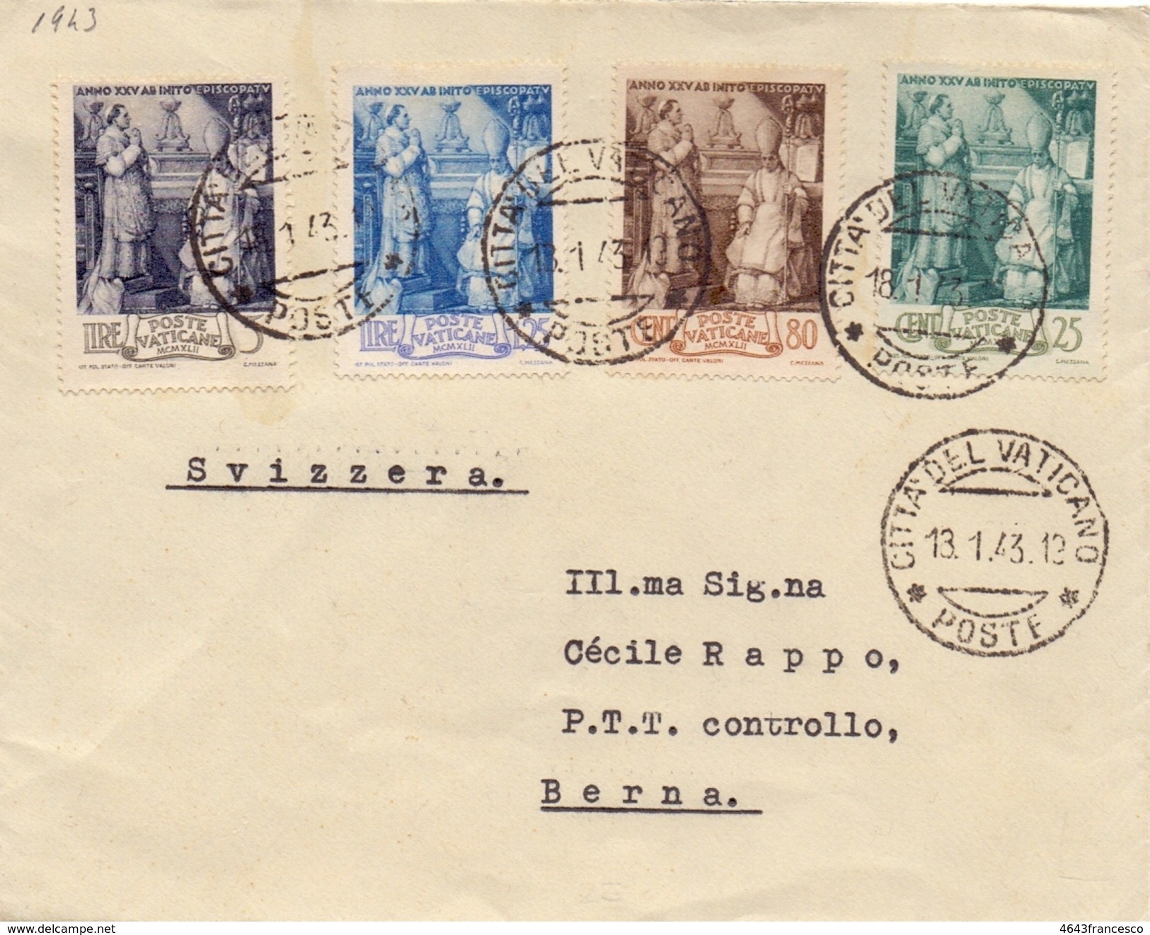 1943 Episcopato Di Pio XII Serie Completa Per Berna Svizzera 013 - Storia Postale