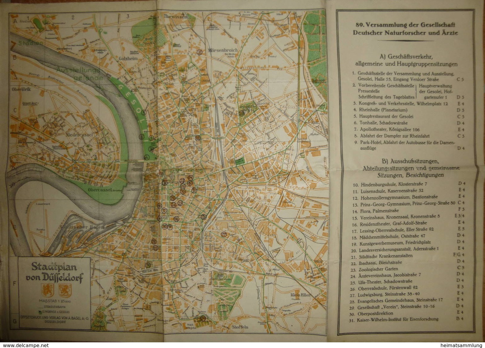 Stadtplan Von Düsseldorf 1929 - 31cm X 32cm - Maßstab 1:25'000 - Rechts Programm Der 89. Versammlung Der Gesellschaft De - Landkarten