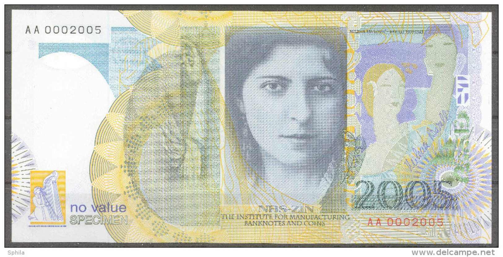 Serbia &ndash; The Institute For Manufacturing Banknotes And Coins (ZIN) 2005 Milena Pavlovic Barilli Polymer Test Note - Serbie