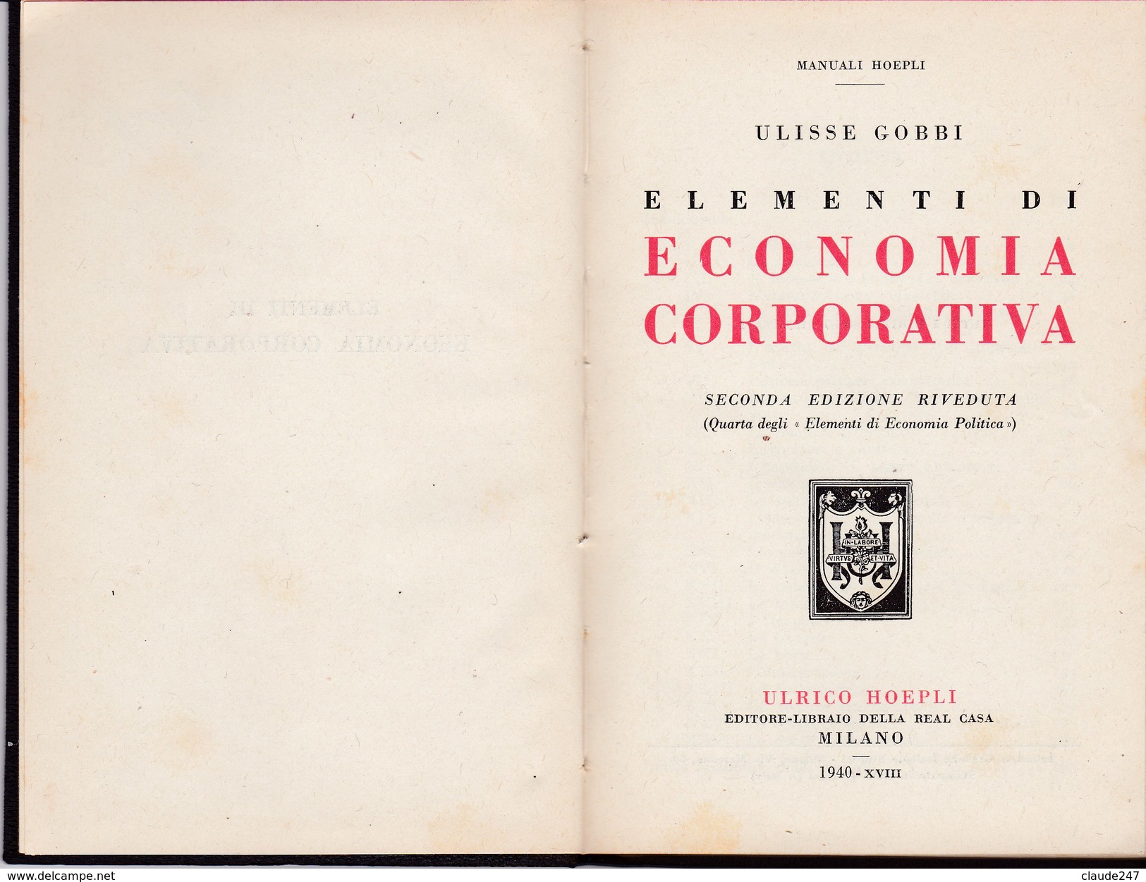 1940 Elementi Di Economia Corporativa U. Hoepli Editore - Law & Economics