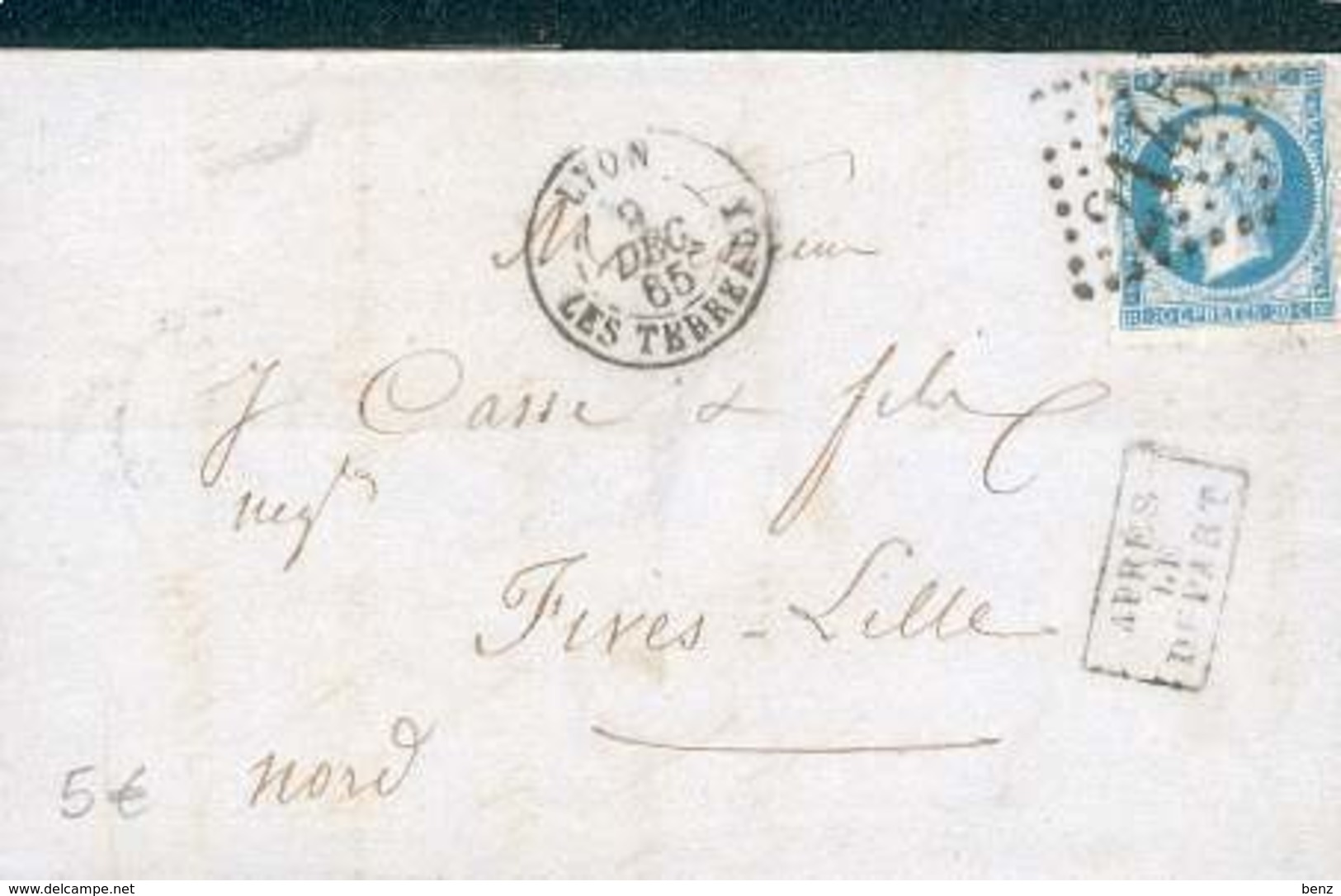 FRANCE LETTRE NAPOLEON III  YT N° 22 1865 LYON LES TERREAUX POUR LILLE GC 2145 + APRES LE DEPART TB - 1862 Napoléon III.