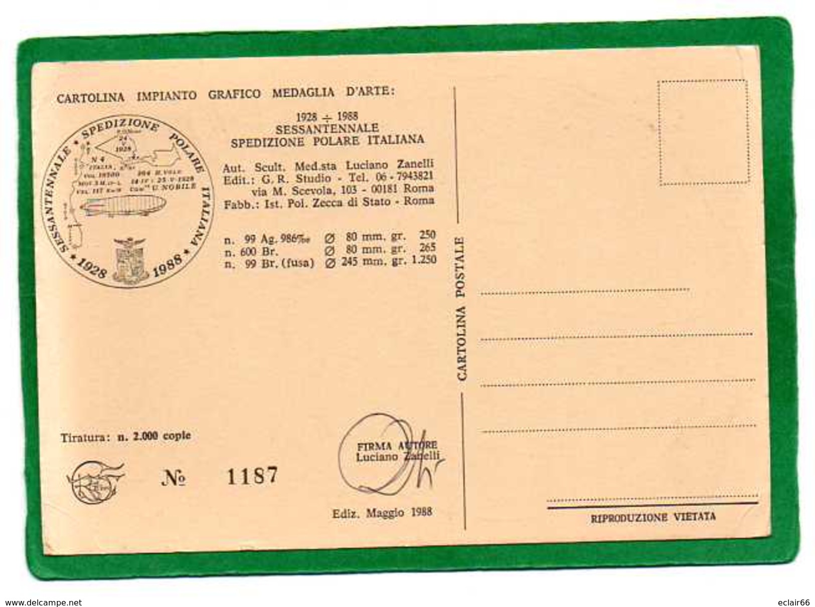 Cartolina Commemorativa Sessantennale Spedizione Polare Italiana 1928-1988. Edizione N° Tiratura Limitata ( 2.000 Cartes - Inaugurazioni