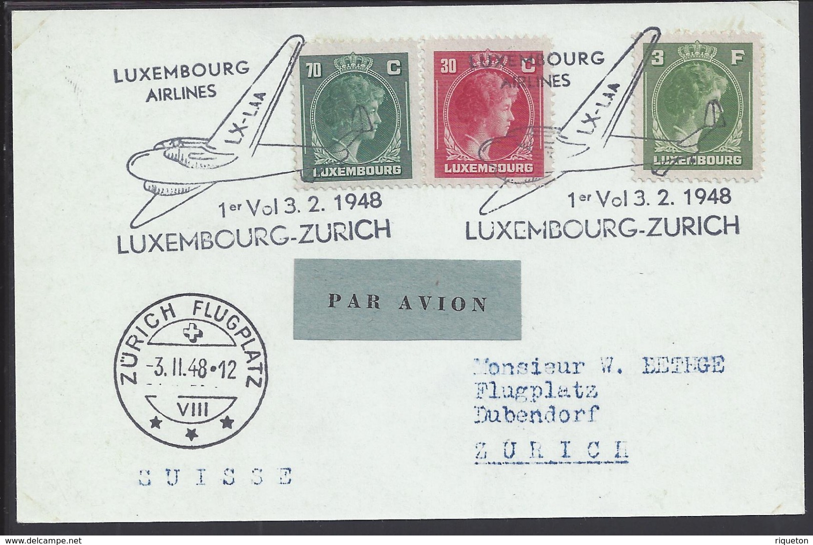 LUXEMBOURG - 1948 - Premier Vol  Airlines Vers Zurich - Cachet Zurich Flugplatz 3-2-48 - TB - - Briefe U. Dokumente