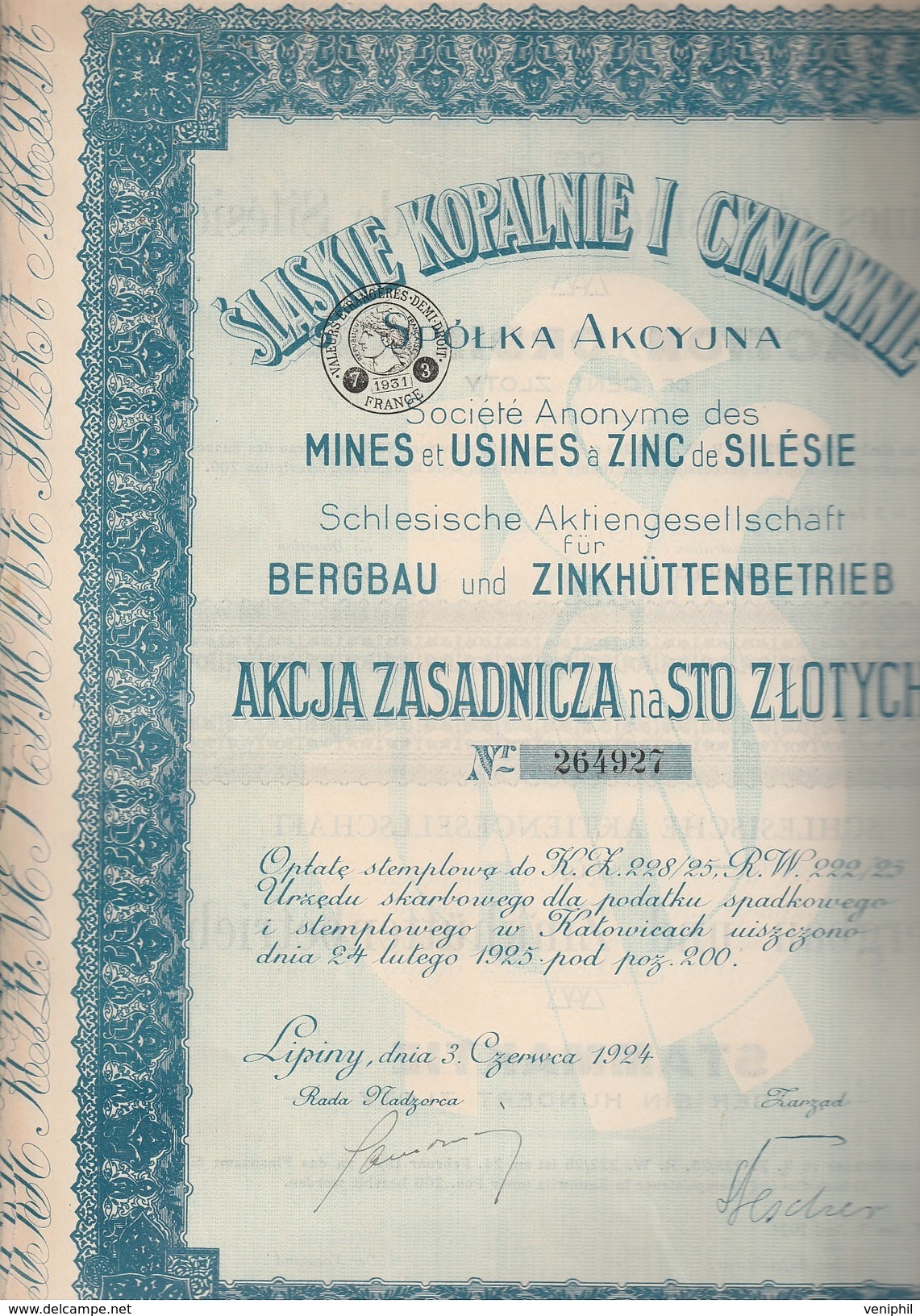 ACTION DES MINES  ET USINES A ZINC DE SILESIE - ANNEE 1924 - Mines