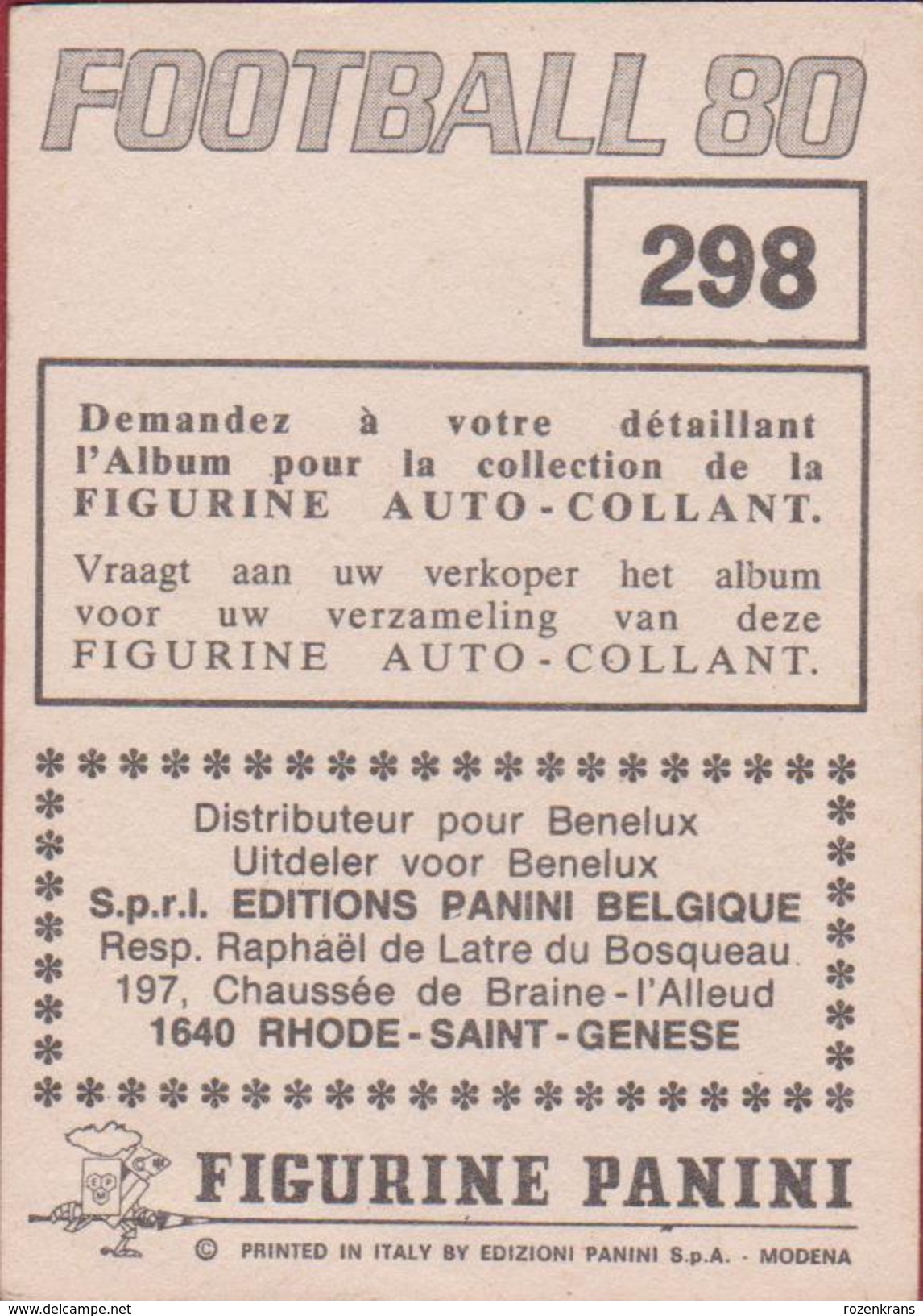 Panini Football 80 Voetbal Belgie Belgique 1980 Sticker Standard Club De Liège Luik Nr. 298 Luis Norton De Matos - Sports