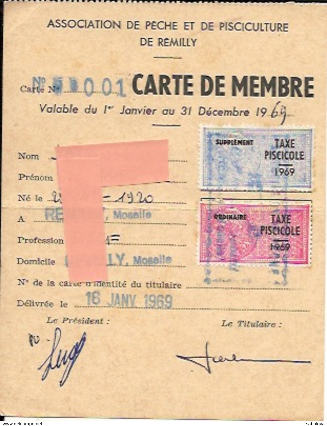 Carte De Pêche  Taxe Piscicole 1969 - Unclassified