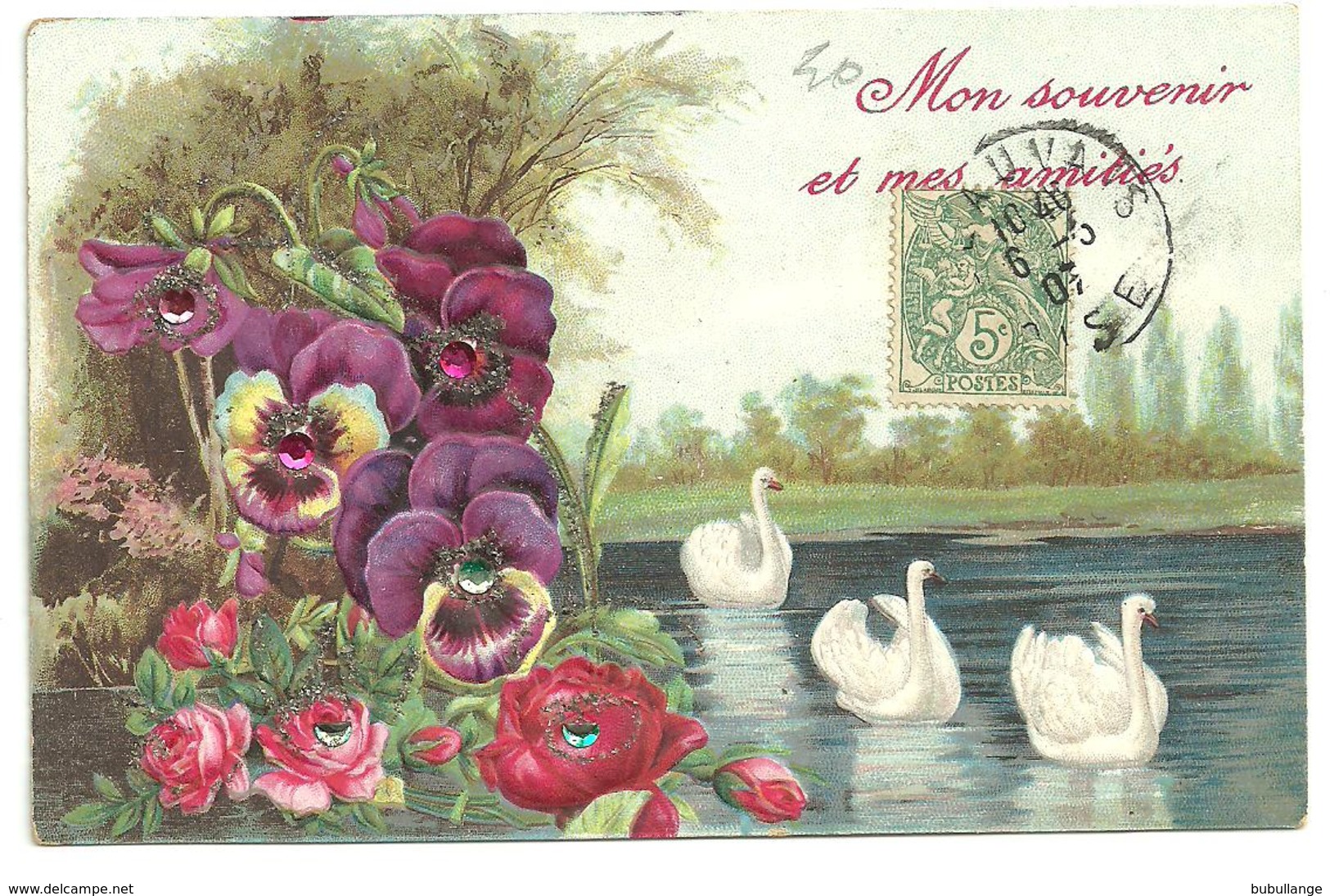 CPA Gaufrée,brillants Et Paillettes,1907, Fleurs Pensées, Lac, Cygnes, Paysage Champêtre, "mon Souvenir Et Mes Amitiés" - Sonstige & Ohne Zuordnung