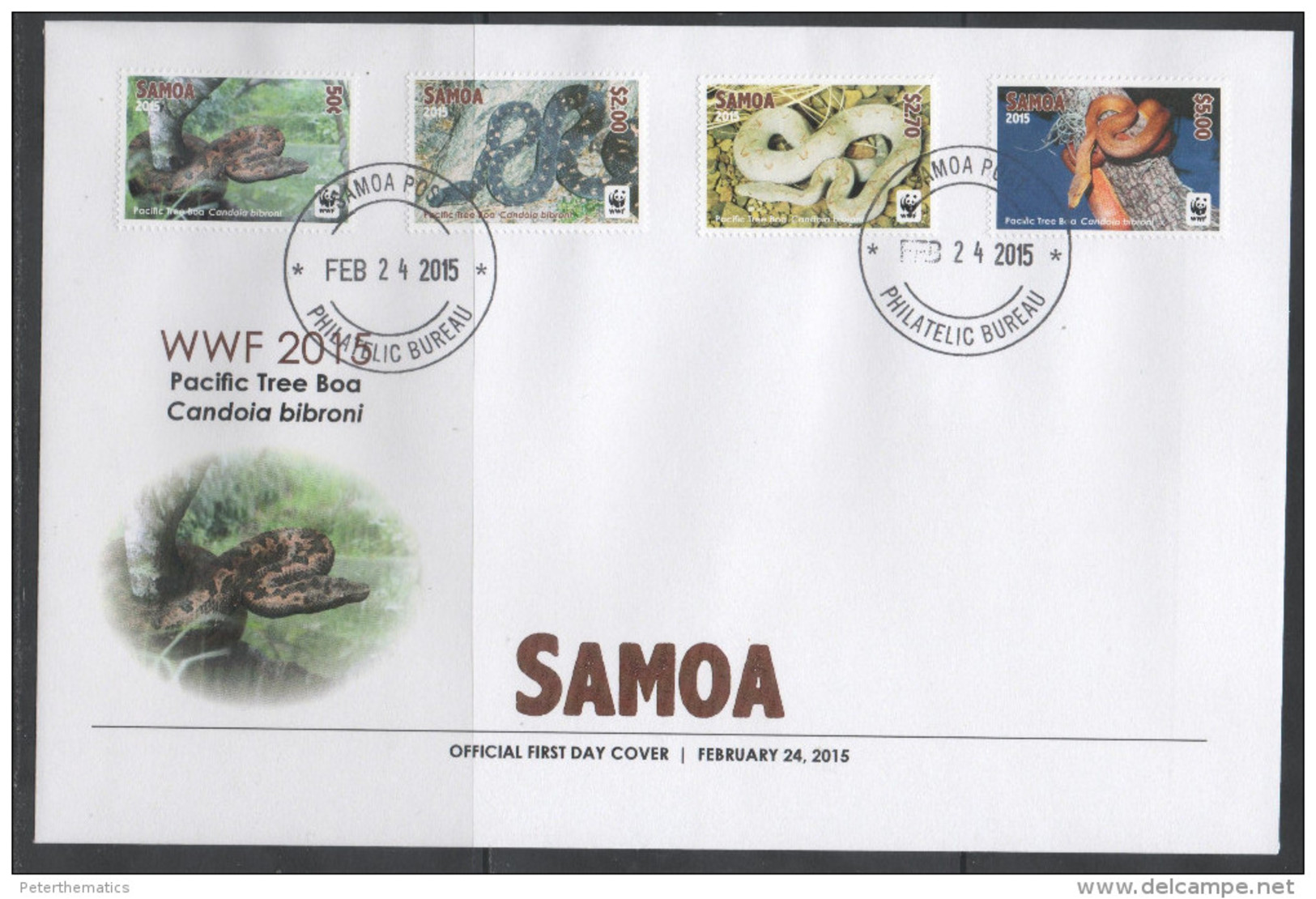 SAMOA, 2015,  WWF, SNAKES, BOAS, SET ON LOCAL FDC - Snakes
