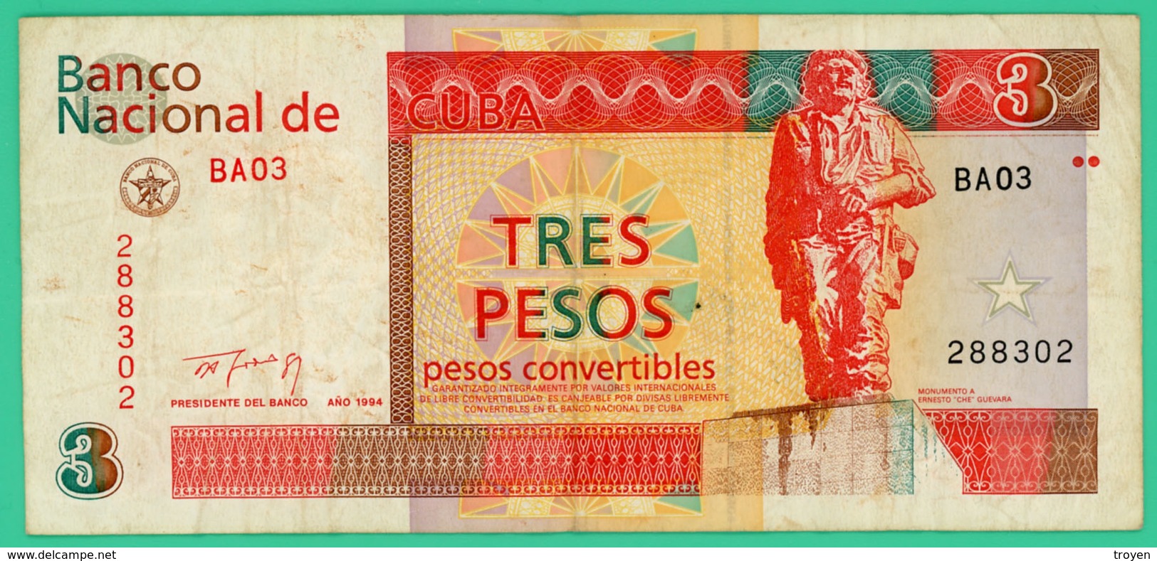 3 Pesos - Cuba - 1994 - N° BA03  288302 - TTB +- - Cuba