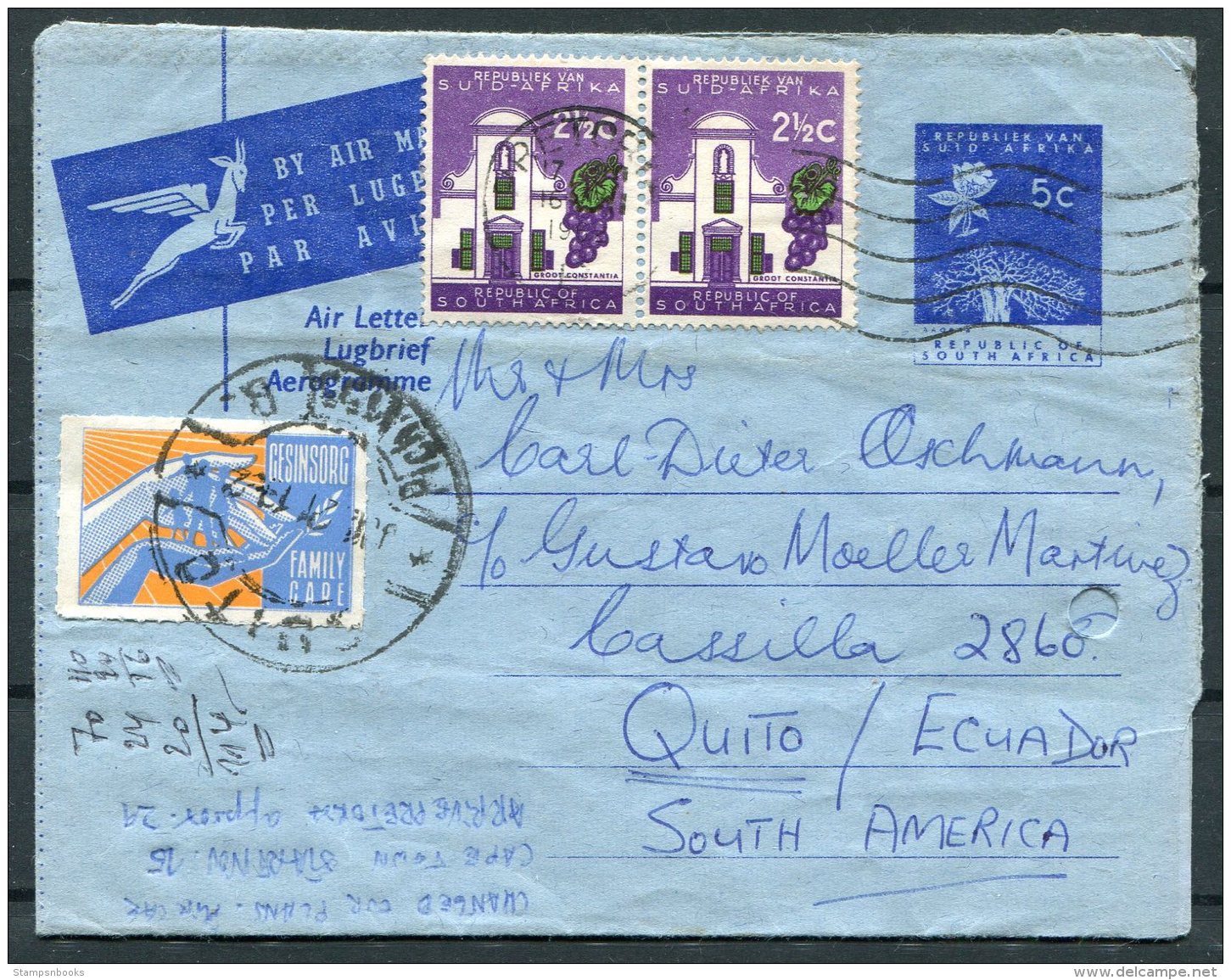 1962 South Africa Uprated 5c Air Letter Aerogramme - Quito, Ecuador. Gesinsorg Family Care Vignette - Poste Aérienne