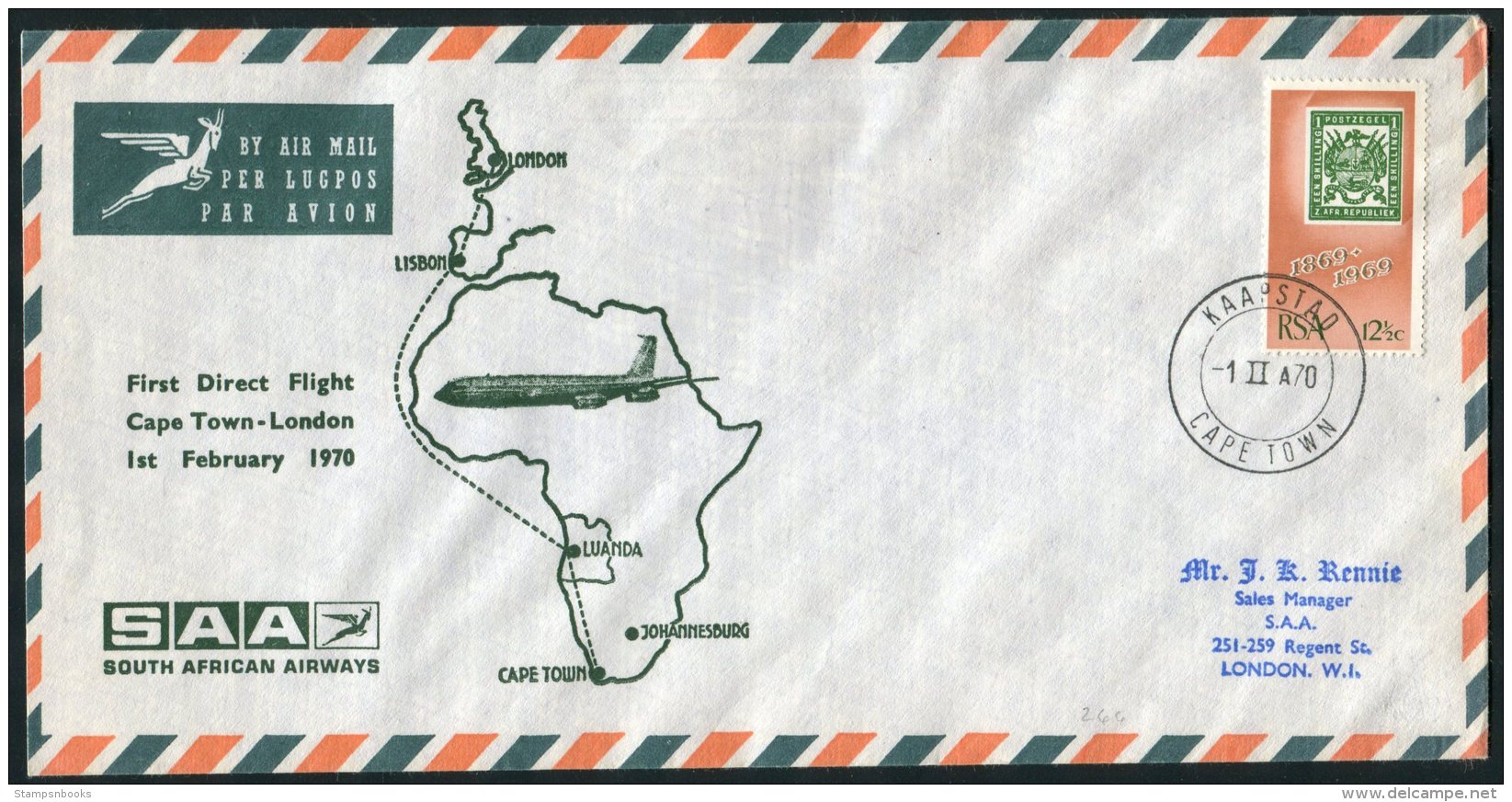 1970 South Africa Cape Town - London SAA First Flight Cover. - Luftpost