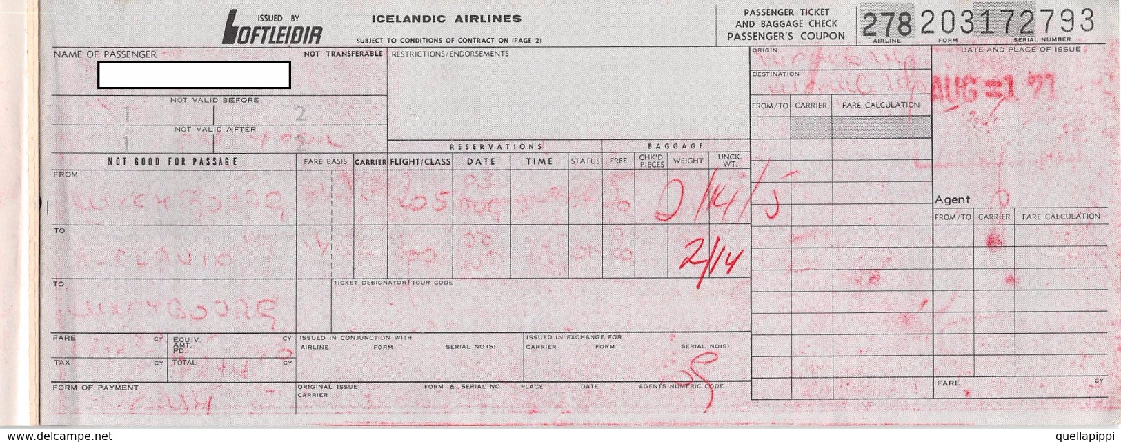 05392 "ICELANDIC AIRLINES - PASSENGER TICKET N° 278203172793 - LUXEMBOURG / REYKJAVIK / LUXEMBOURG - AGOSTO 1971 " ORIG. - Otros & Sin Clasificación