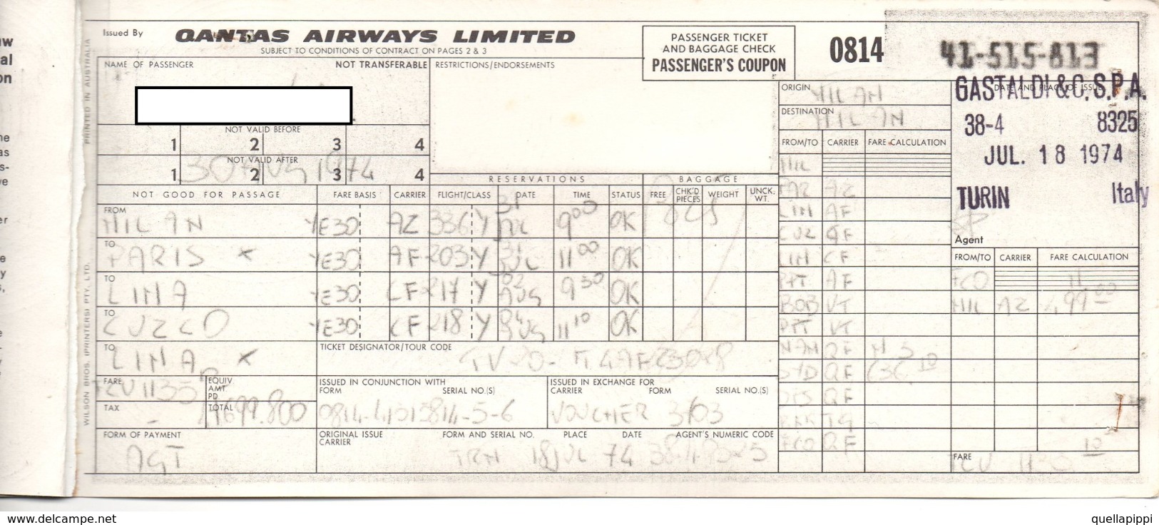 05393 "QANTAS AIRWAYS LTD - PASSENGER TICKET N° 81441-515-81 - MILAN / PARIS / LIMA / CUZCO / LIMA - LUGLIO 1974 " ORIG. - Altri & Non Classificati