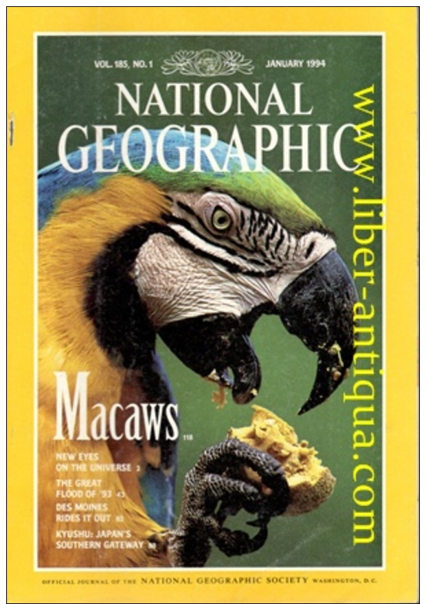 National Geographic - Vol 185, No 1 - Inhalt: Macaws, New Eyes On The Universe, The Great Flood Of '93, Des Moins Rides - Alte Bücher