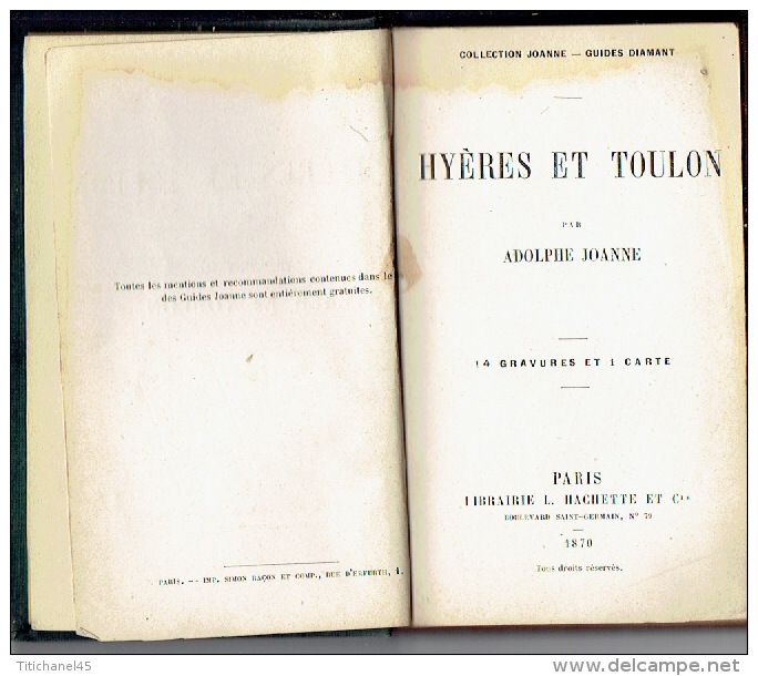 GUIDE DIAMANT JOANNE 1870  HYERES ET TOULON - Provence - Alpes-du-Sud