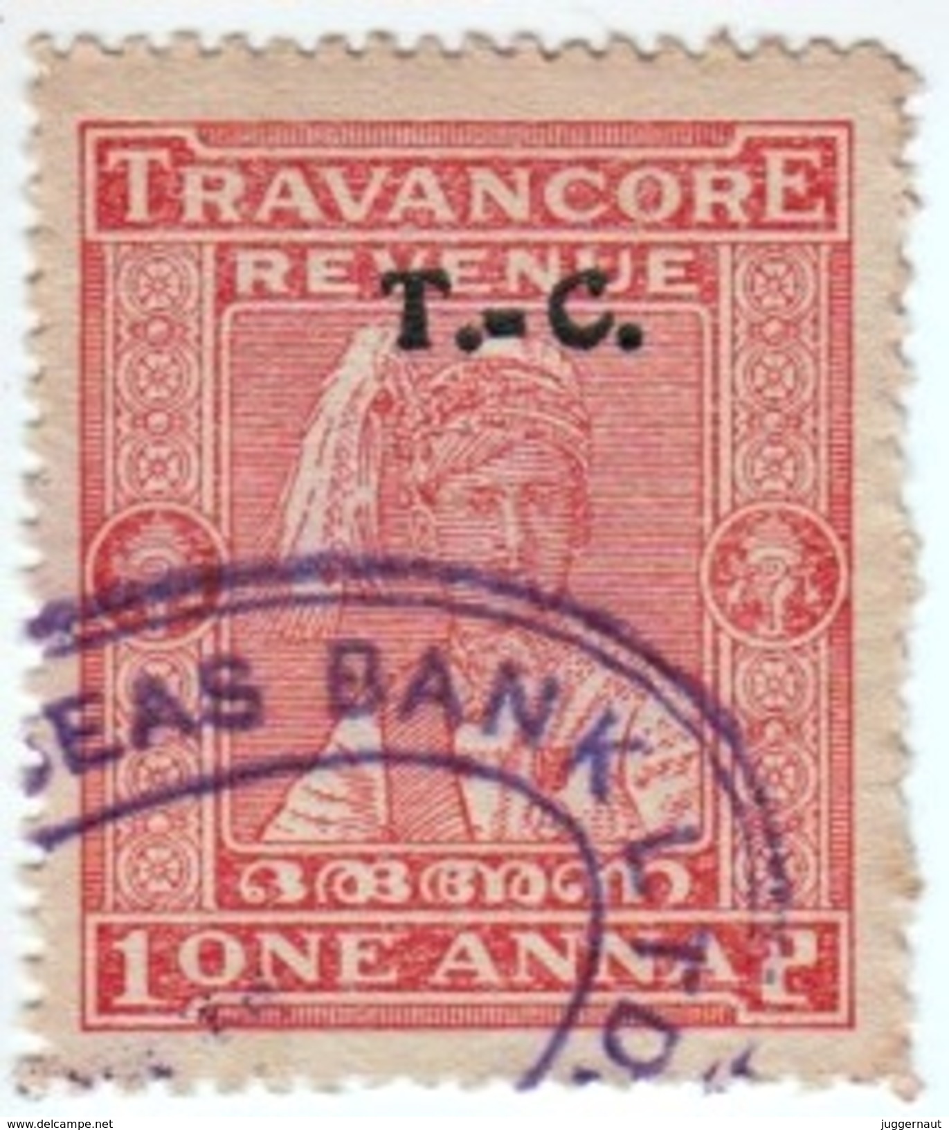 INDIA TRAVANCORE-COCHIN PRINCELY STATE 1-ANNA REVENUE STAMP 1931-1945 GOOD/USED - Travancore-Cochin