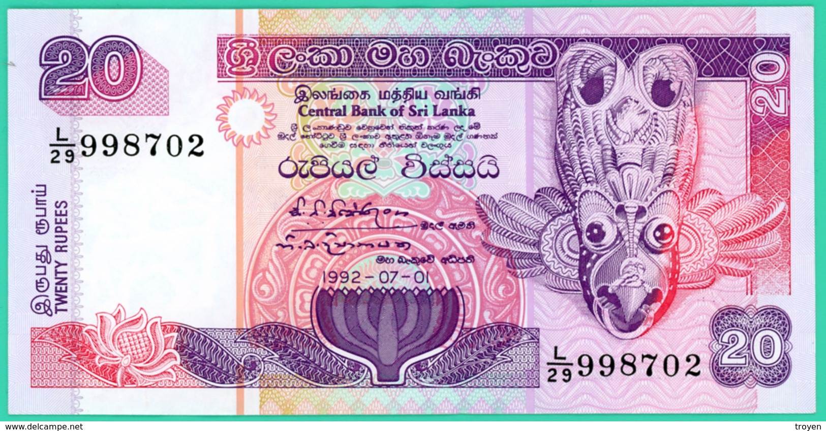 20 Rupees - Sri Lanka - N° L/29 998702 - 1992 - Neuf - - Sri Lanka