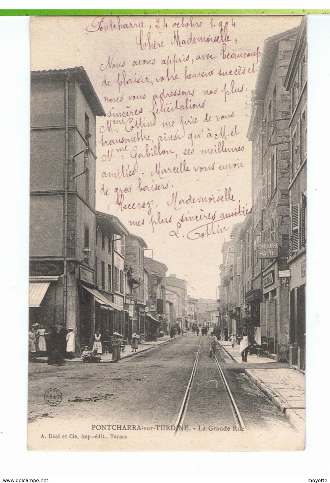 CPA-69-1904-PONTCHARRA-sur-TURDINE-LA GRANDE RUE-ANIMÉE-NOMBREUX PERSONNAGES-NOMBREUX MAGASINS-PONTCHARRA HALTE- - Pontcharra-sur-Turdine