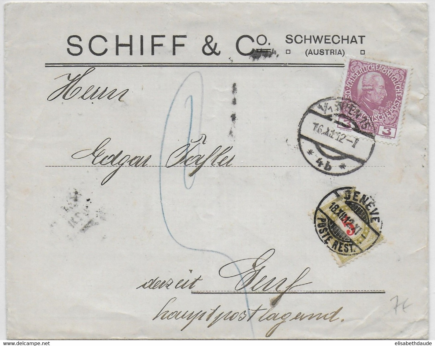 1912 - TAXE - NACHGEBÜHR - ENVELOPPE De SCHWECHAT (AUTRICHE) Pour GENEVE POSTE RESTANTE - Strafportzegels