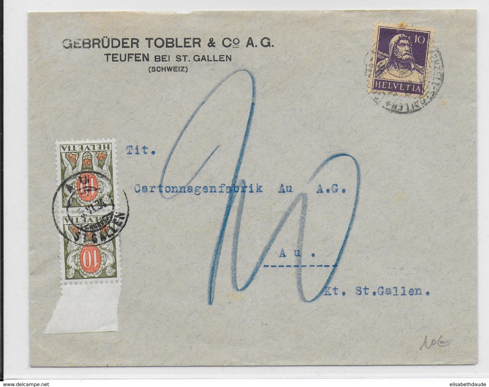 1934 - SUISSE - TAXE - NACHGEBÜHR - ENVELOPPE De TEUFEN BEI ST GALLEN Pour AU - Postage Due