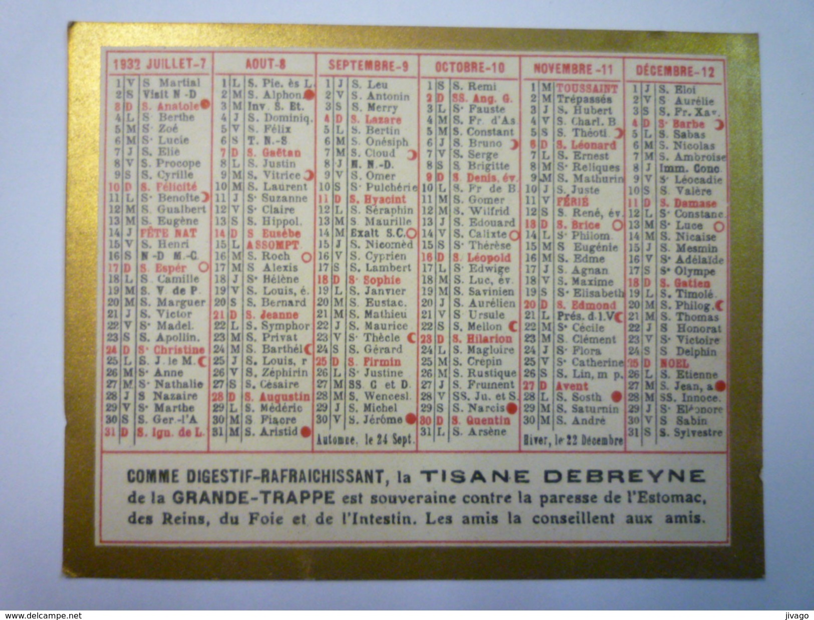 PETIT CALENDRIER    PUB  1932  VIN  DEBREYNE    (format  7 X 9cm) - Petit Format : 1921-40