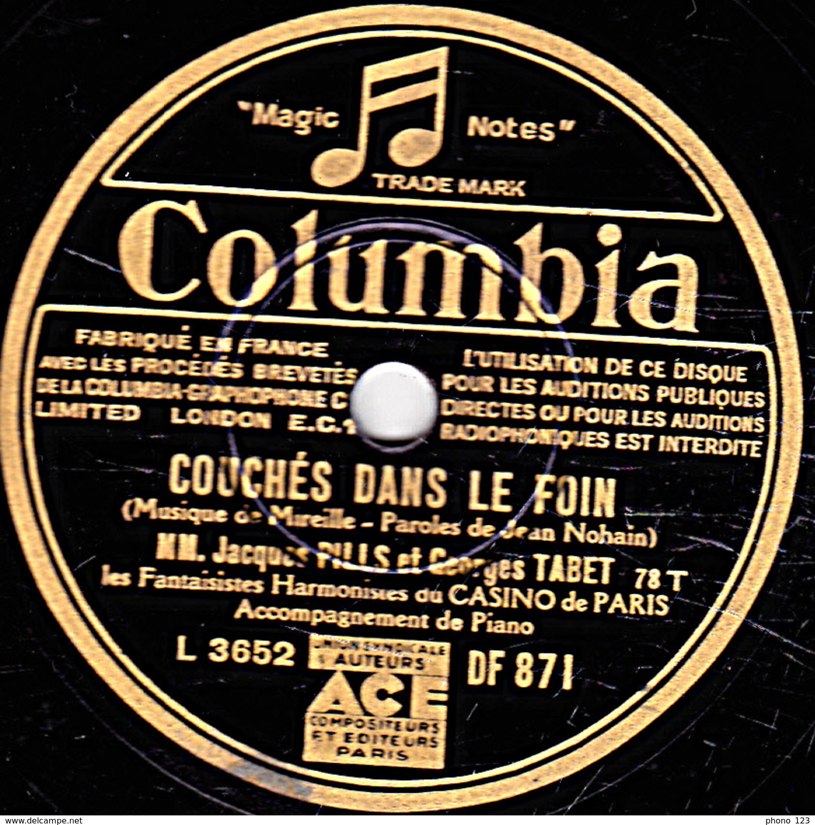 78 T. - 25 Cm - état B -  PILLS Et TABET - LA FILLE DE LEVY - COUCHES DANS LE FOIN - 78 T - Disques Pour Gramophone