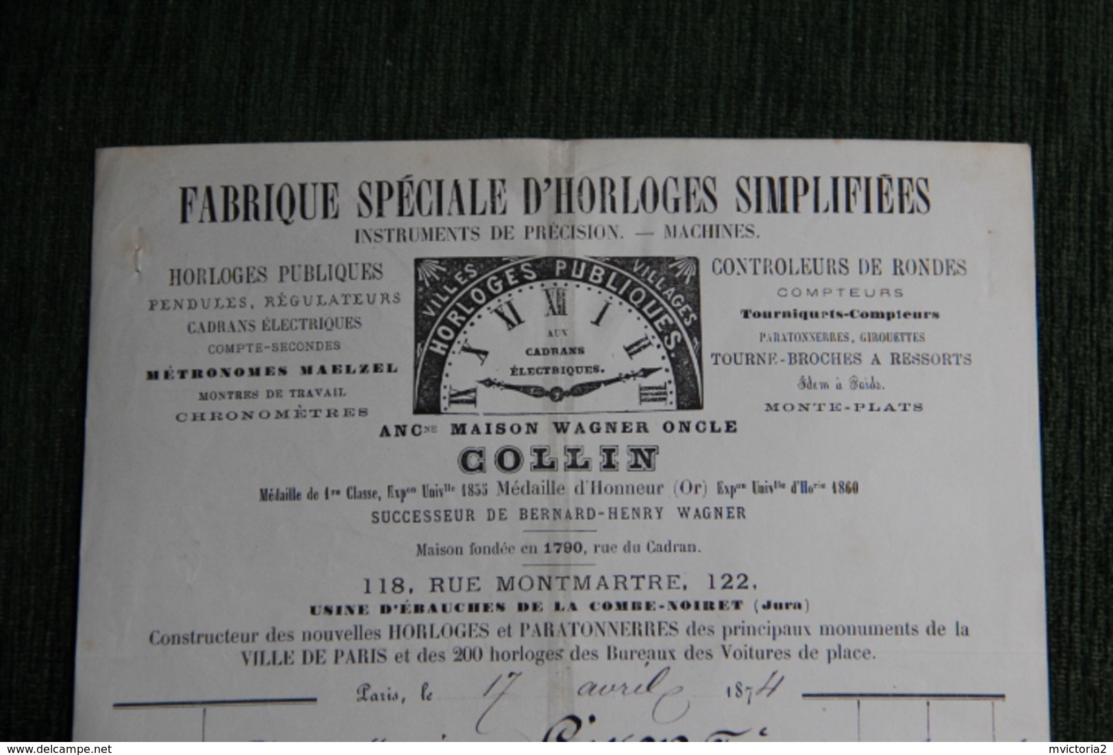 Facture Ancienne - PARIS - Fabrique Spéciale D'Horloges Simplifiées,Instruments De Précision, COLLIN. - 1800 – 1899